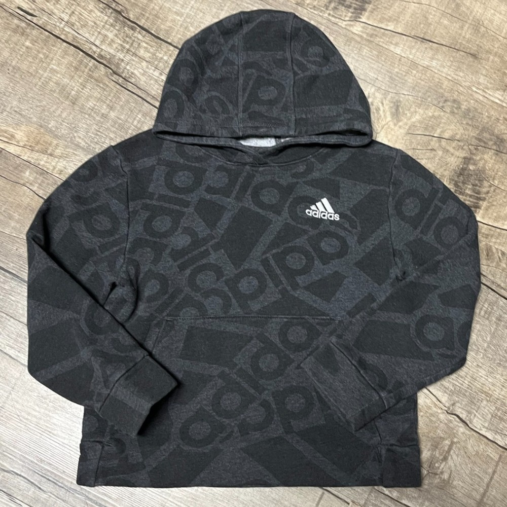 Adidas Fleece Hoodie Sweater Boys Size 8 Small Grey Logo Hooded Pullover Top